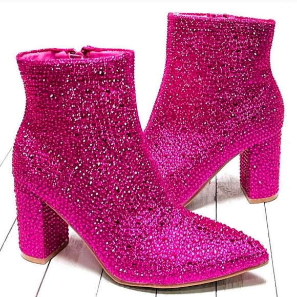 Fuchsia Pink Rhinestone Pointed Toe Chunky Heel Ankle Boots Bootie - Picture 1 of 8